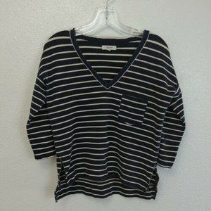 Madewell Womens Blue Striped V Neck Heavy Shirt 3/4 Sleeve Boxy Nautical Small S